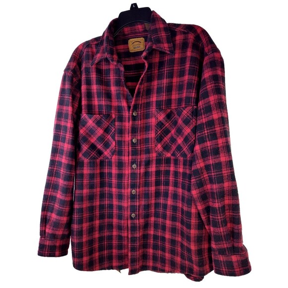 Mens Heavyweight Red Black Plaid Flannel Shirt Sz L Pocket Button St. John's Bay - Picture 1 of 8